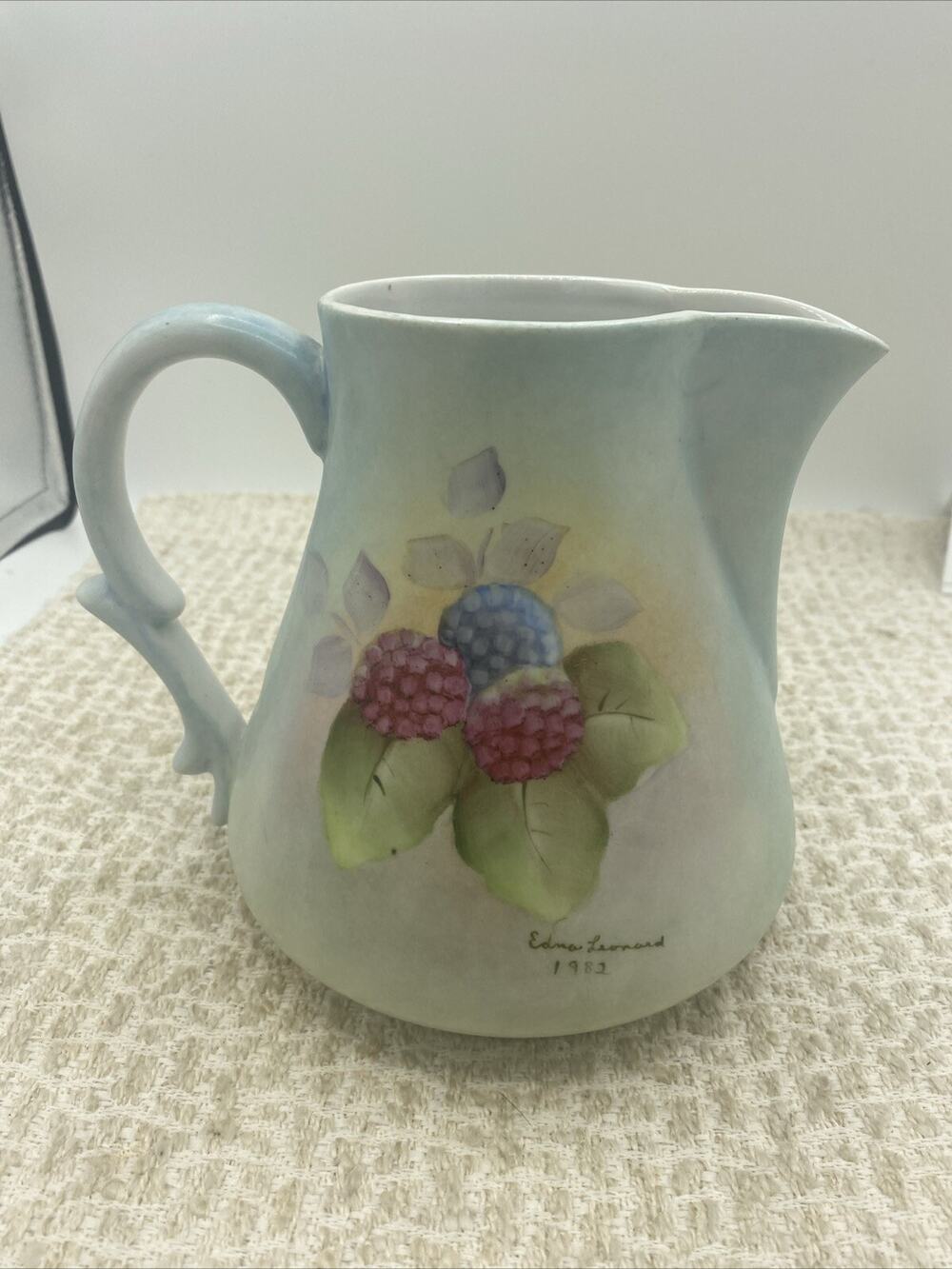 Hand Painted Pitcher with Berry Vines And Leaves Signed By Artist 1982
